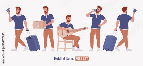 Man, bearded handsome guy casual sporty wear, holding items pose set. Stylish athletic sportswear polo, jogs for exercise, modern active life, fit city activity. Vector flat style cartoon illustration
