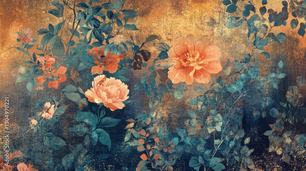 Interwoven Persian floral elements glowing softly against a silk-like textured backdrop Interwoven Persian floral elements glowing softly against a silk-like textured backdrop