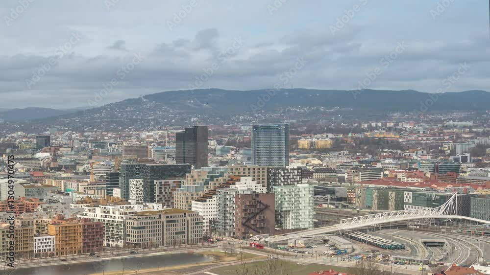 Oslo Norway time lapse high angle view city skyline at business district and Barcode Project Oslo Norway time lapse high angle view city skyline at business district and Barcode Project