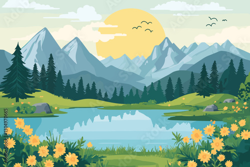 Flat design nature landscape with mountains and lakes, Flat style vector illustration. 