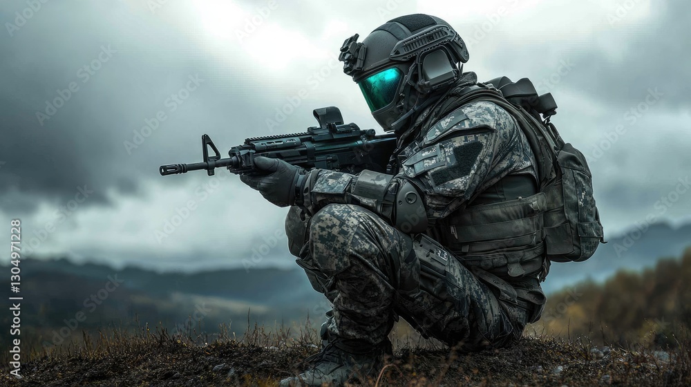 A soldier in full tactical gear crouches in a military stance, overlooking a rugged landscape under a moody sky. A soldier in full tactical gear crouches in a military stance, overlooking a rugged landscape under a moody sky.