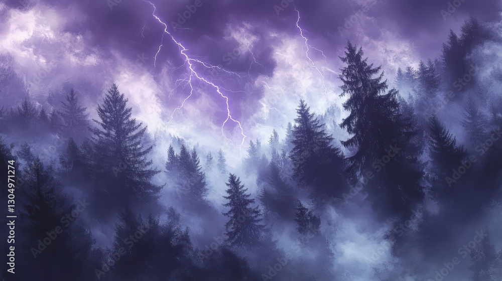 Fototapeta premium Mystical forest with mist-covered trees swaying gently under purple lightning