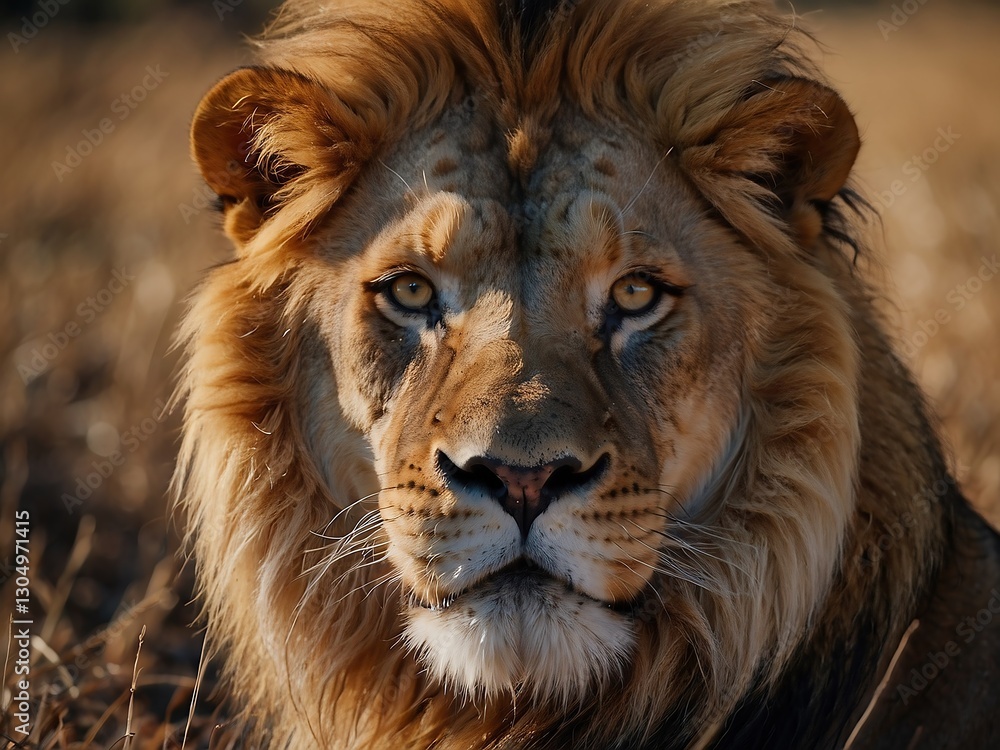 Obraz premium Majestic Male Lion in African Savannah – Powerful Wildlife Close-Up Portrait in Natural Habitat