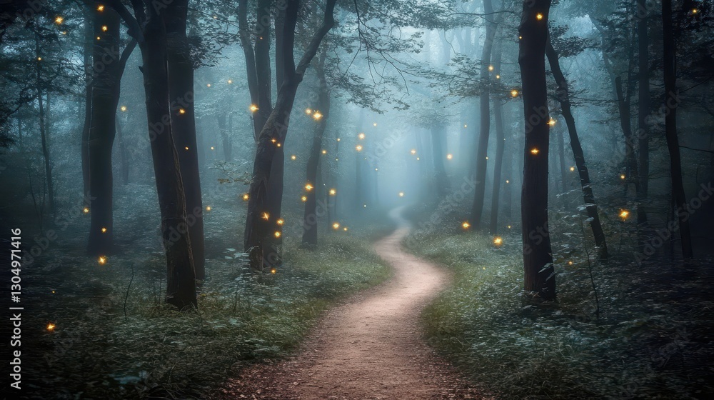 Fototapeta premium Moody mystical woods with an eerie mist-covered path winding between tall trees