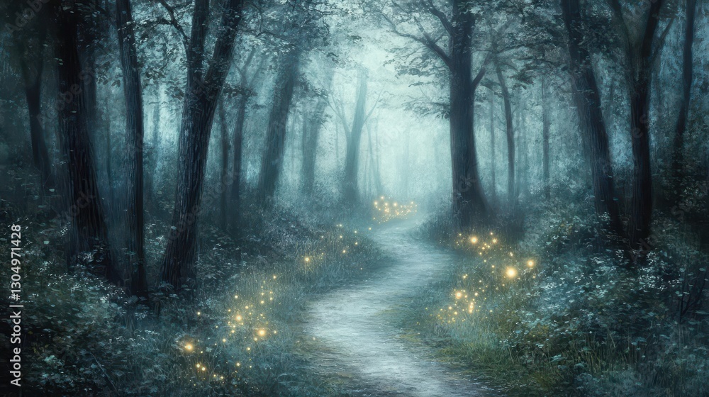 Stormy mystical woods with eerie mist and glowing fireflies floating in the fog Stormy mystical woods with eerie mist and glowing fireflies floating in the fog