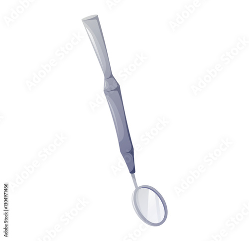 Dental mouth mirror tool with a reflective round surface and ergonomic handle, isolated on white background. Professional stainless steel instrument for oral examination, dentistry, and hygiene.
