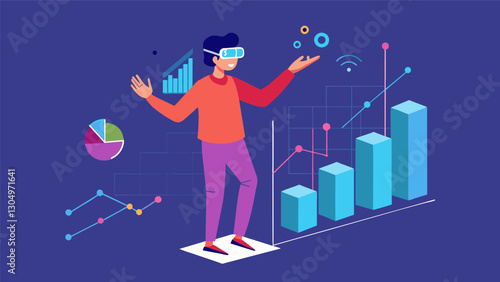 Using virtual hand motions a person expands a 3D graph to view its data points in greater detail.. Vector illustration
