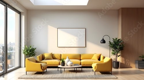 Mockup of a Wall Poster in a Chic Living Room with a House View in the Background