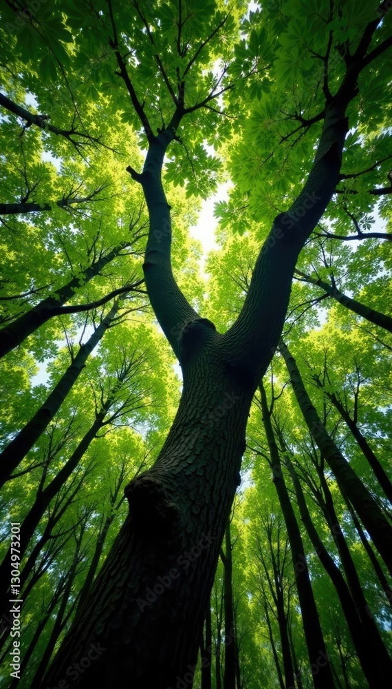 Fototapeta premium Twisted tree branches stretch towards the forest canopy, forest, greenery