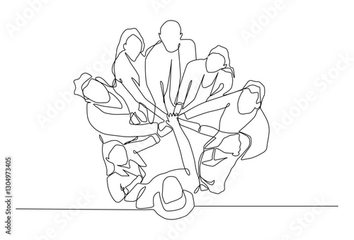 One single line drawing group of young happy business people unite their hands together to form a circle shape symbol, top view. Trendy teamwork concept.