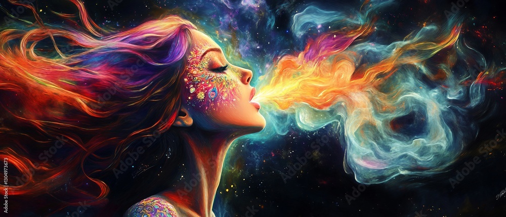 Obraz premium Woman breathes cosmic fire, colorful hair, space background; fantasy art