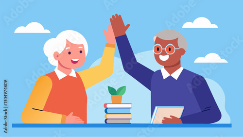 Two seniors highfiving each other after successfully completing a challenging vocabulary quiz in class.. Vector illustration