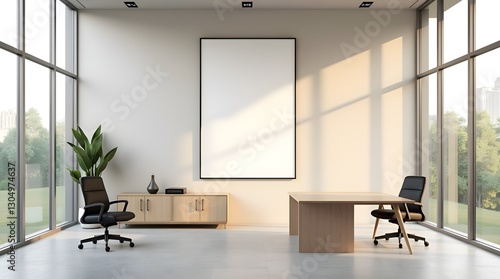 Mockup of a Blank White Frame in a Stylish Business Office Lobby and Meeting Space