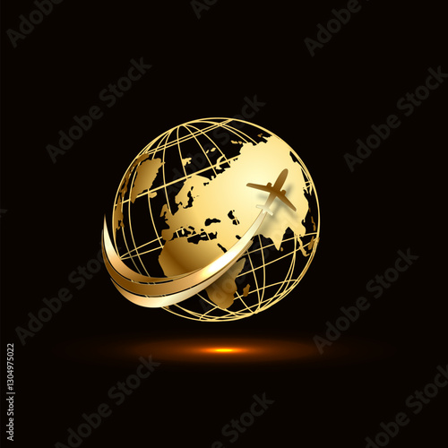 Plane with earth or globe icon. Travel around the world by airplane logo concept. Vector illustration.