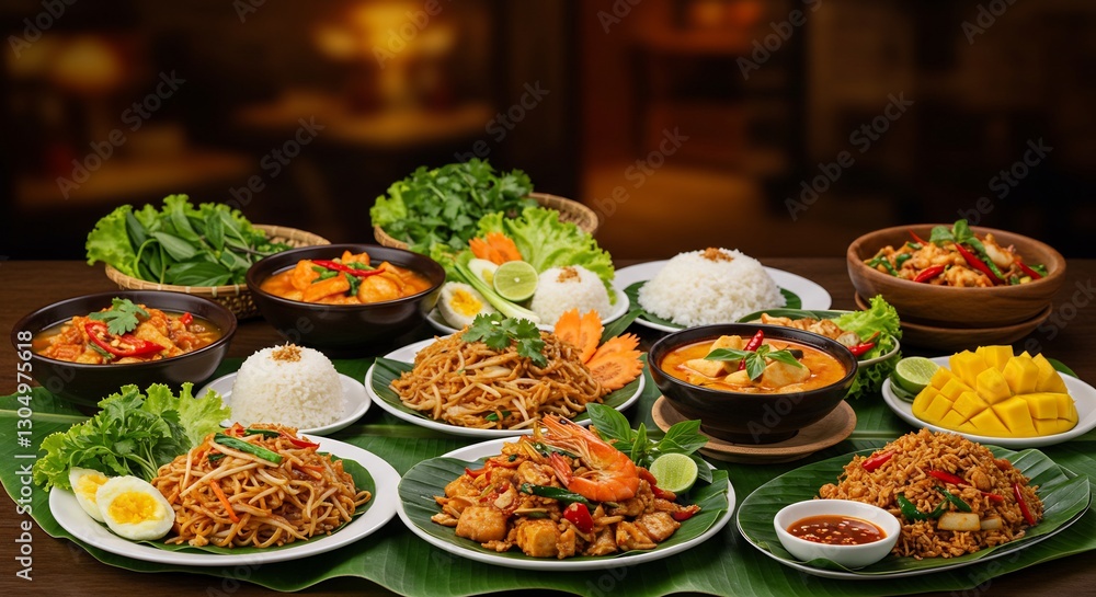 Delicious Asian Cuisine Warm Lighting Table Setting. AI Generated Delicious Asian Cuisine Warm Lighting Table Setting. AI Generated