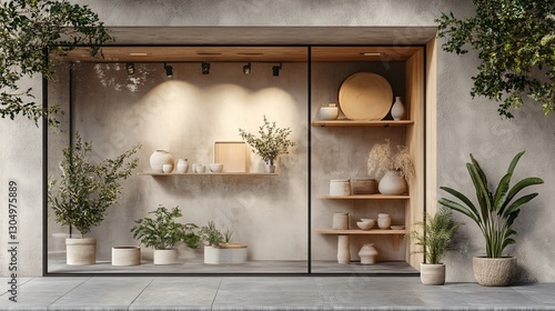 Minimalist Shop Window Display with Neutral Decor and Greenery