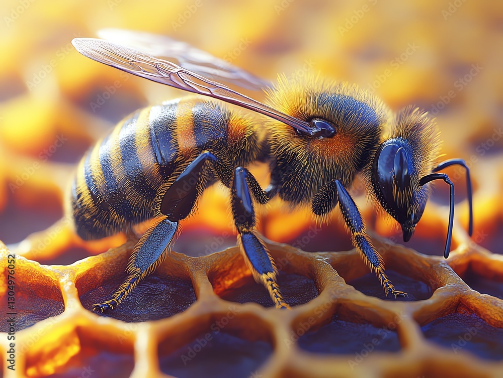 Naklejka premium Closeup of a bee on honeycomb, focusing on hexagonal cells, realistic textures of bee and natural elements, vibrant nature illustration, insect in action