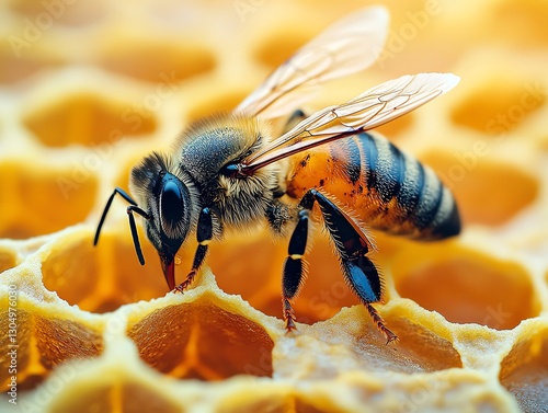 Closeup of a bee on a honeycomb, hexagonal cells, detailed insect, bright natural colors, buzzing animal in action, highdefinition digital nature art photo