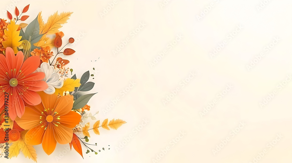 Autumnal Paper Flowers Arrangement on a Cream Background Autumnal Paper Flowers Arrangement on a Cream Background