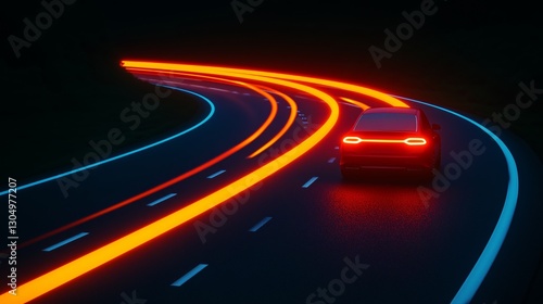 3D render of a car on the highway with glowing neon lines, black background, low-angle shot.