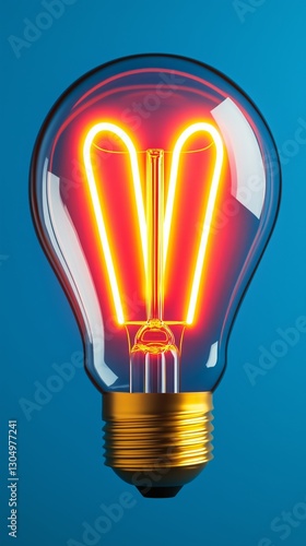 An illuminated light bulb with glowing neon red and yellow lights on a blue background, energy, innovation, or inspiration concept.