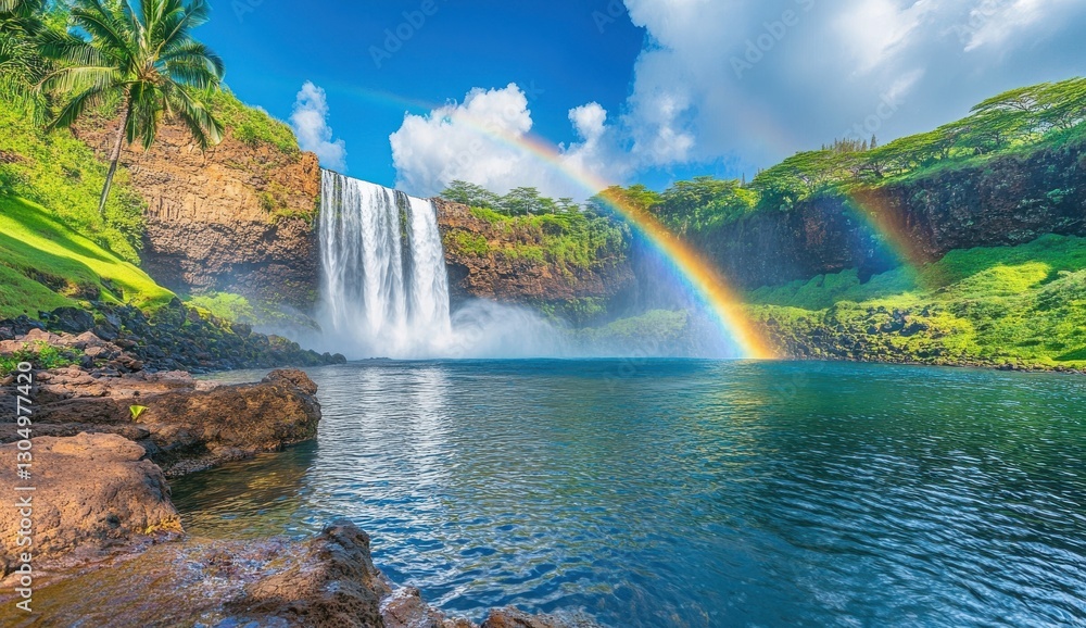 Fototapeta premium Majestic Waterfall with Lush Greenery and Vibrant Rainbow Over Calm Blue Pool in Tropical Paradise Under Bright Clear Sky