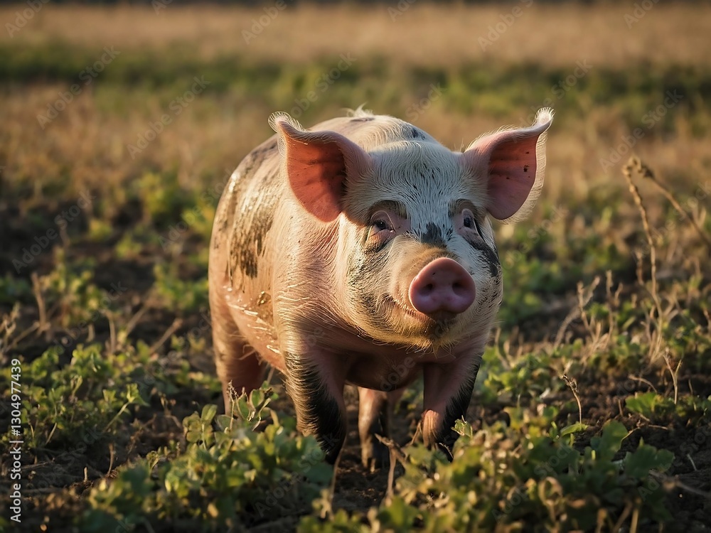 Fototapeta premium Adorable Piglet Portrait in Sunny Farmyard: Exploring Happy, Playful Wildlife in Rural Countryside