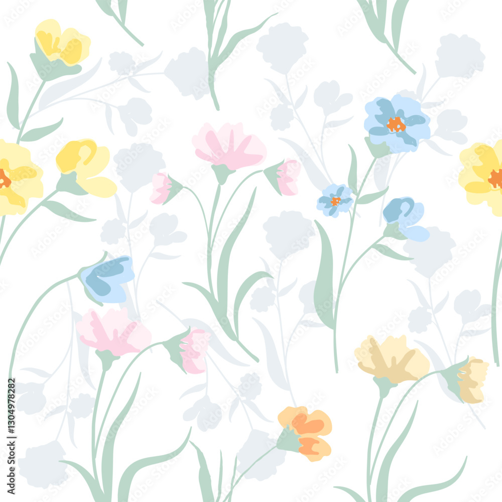 Vector seamless pattern with blue, yellow and pink flowers, light background. Vector seamless pattern with blue, yellow and pink flowers, light background.