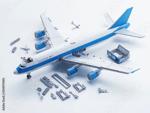 Disassembled Airplane Model White and Blue Components on White Background