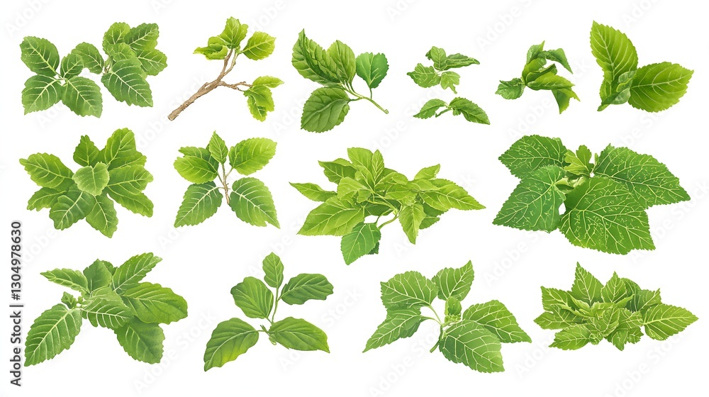 Variety of Fresh Green Leaves Displayed on a White Background for Botanical Studies Variety of Fresh Green Leaves Displayed on a White Background for Botanical Studies