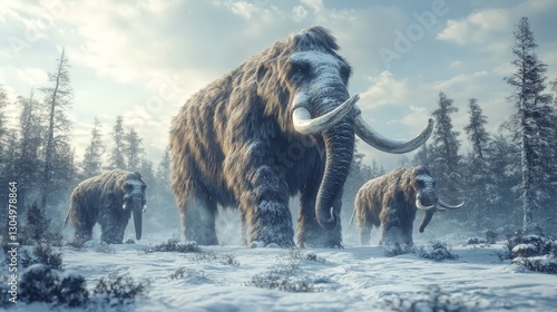 Mammoths in the Snowy Landscape with Large Tusked Creatures