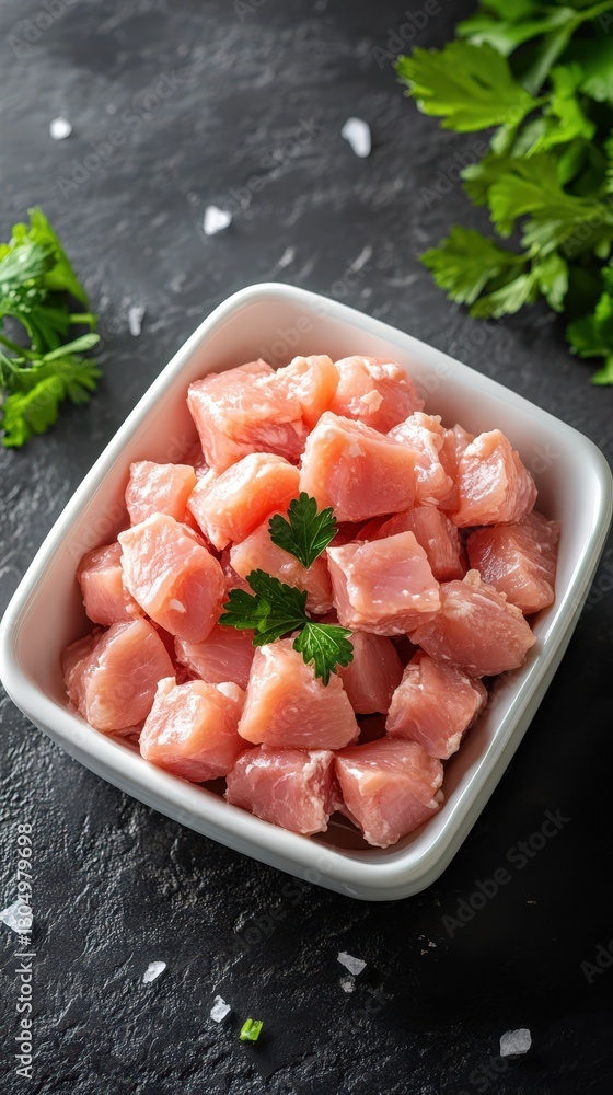 Raw Chicken Cubes Ready For Cooking In Bowl Raw Chicken Cubes Ready For Cooking In Bowl