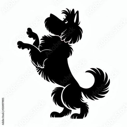 Silhouette of a black dog standing on its hind legs, facing right, with a red collar.  The dog has a fluffy coat and a curled tail.