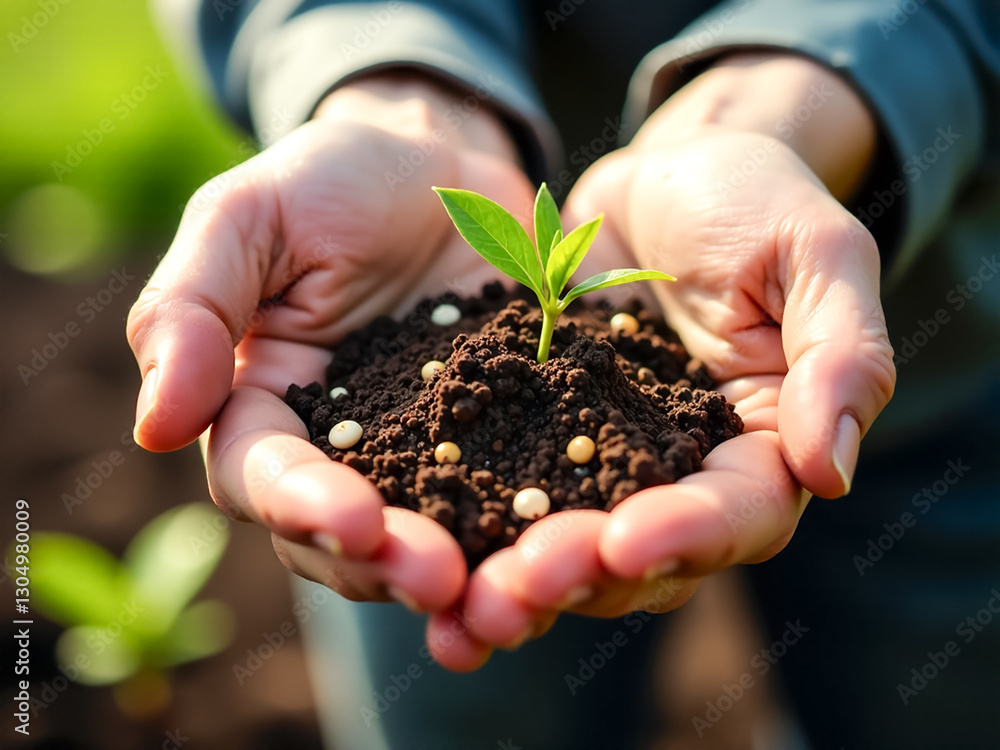 human hands planting plant. Small green plant growing in ground in garden. Growing vegetables and fruits through seedlings, organic products with your own hands. Farm. human hands planting plant. Small green plant growing in ground in garden. Growing vegetables and fruits through seedlings, organic products with your own hands. Farm.