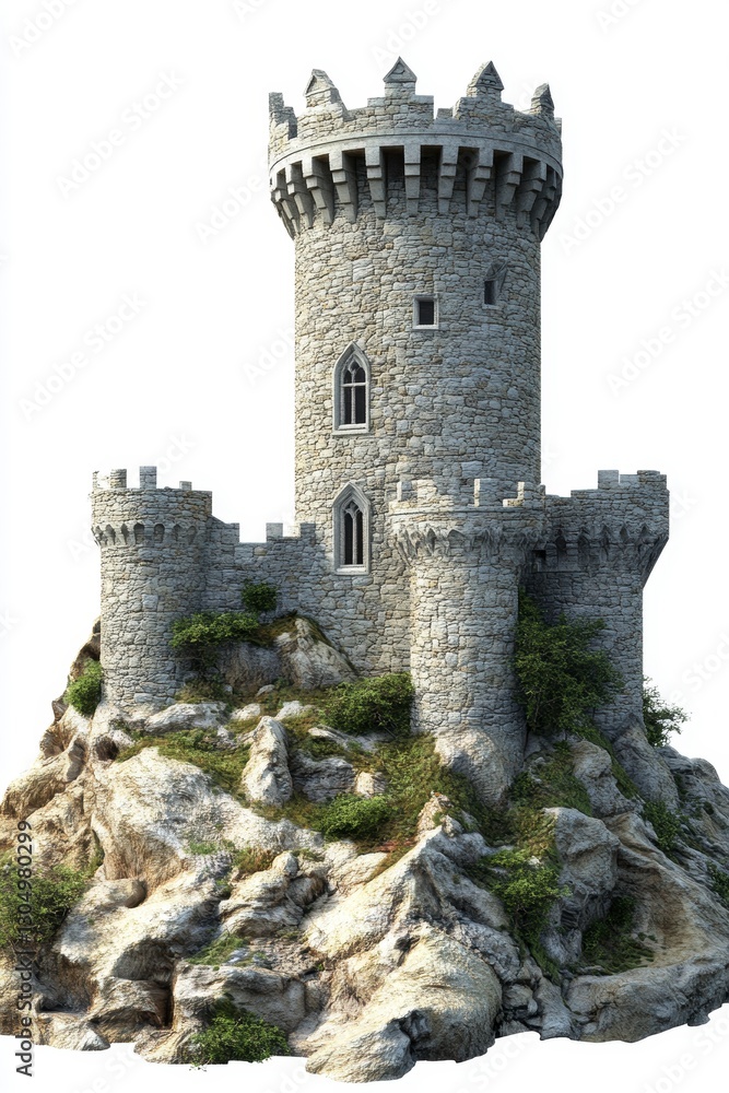 Grey Stone Tower on Rocky Outcrop Digitally Rendered Grey Stone Tower on Rocky Outcrop Digitally Rendered