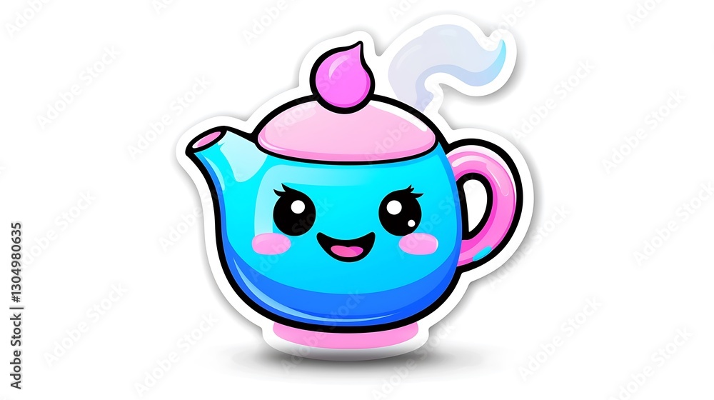 Cute Kawaii Blue and Pink Smiling Teapot Sticker Cute Kawaii Blue and Pink Smiling Teapot Sticker