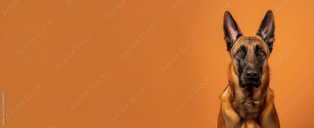 Obraz premium Belgian Malinois dog on minimalistic colorful background with Copy Space. Perfect for banners, veterinary ads, pet food promotions, and minimalist designs.