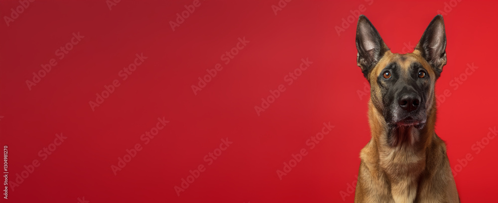 Obraz premium Belgian Malinois dog on minimalistic colorful background with Copy Space. Perfect for banners, veterinary ads, pet food promotions, and minimalist designs.