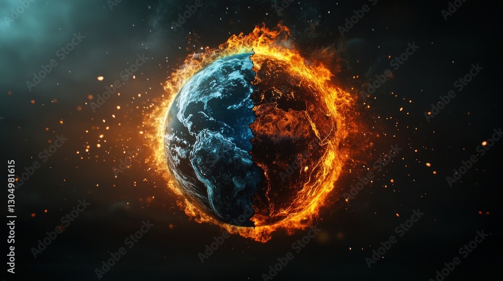 Obraz premium Earth on Fire Surrounded by Flames and Sparks in Dark Atmosphere