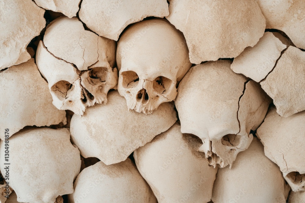 Fototapeta premium A close up of aged human skulls stacked together, showcasing intricate cracks and textures in a somber atmosphere Ideal for concepts of mortality, history, and life s fragility