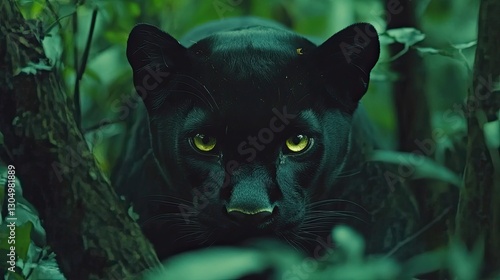 A close-up of a majestic black panther showcasing its piercing yellow eyes while camouflaged in a lush green jungle environment