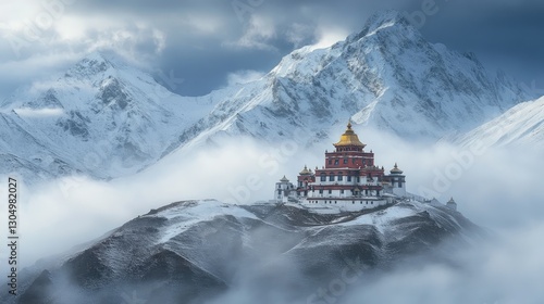 A breathtaking view of a serene temple nestled among majestic snow-capped mountains under a dramatic cloudy sky