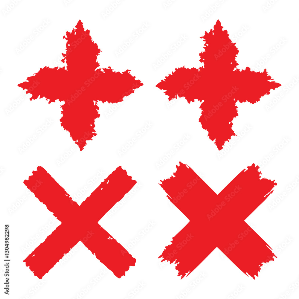 Obraz premium set of 4 Grunge brush Cross red icons of vector illustration isolated on a white background