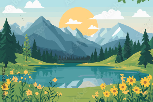 Flat design nature landscape with mountains and lakes, Flat style vector illustration. 
