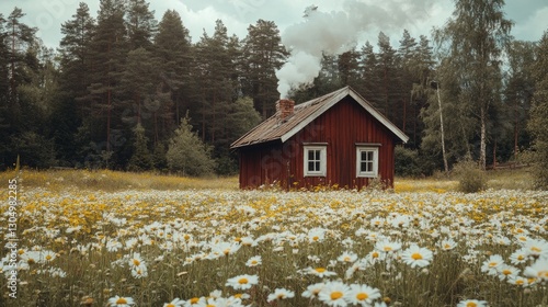 A charming red wooden cottage surrounded by a blooming field of daisies under a cloudy sky in a serene forest