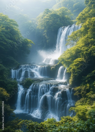 Majestic Waterfalls Cascading Through Lush Green Forest with Mist and Sunlight Creating a Serene Natural Landscape in the Heart of Wilderness