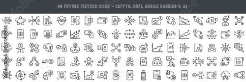Fintech 100 fintech outline icons set – crypto, banking, mobile finance