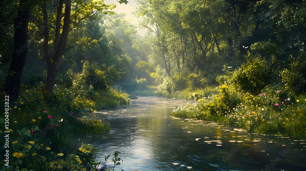 Idyllic Riverside Escape: A Symphony of Nature in a Lush, Verdant Forest with Sunlit Canopy and Chirping Birds Idyllic Riverside Escape: A Symphony of Nature in a Lush, Verdant Forest with Sunlit Canopy and Chirping Birds