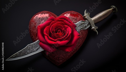 rose flower decoarted red heart pierced with antique knife or dagger tragic love symbol for valentines day gothic style design photo