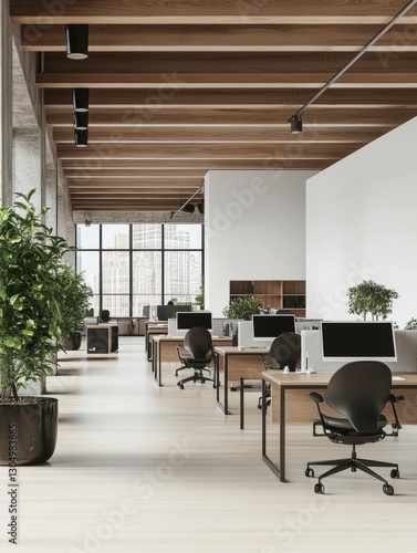 Wallpaper Mural Modern Office Interior with Wooden Beams and City View Torontodigital.ca